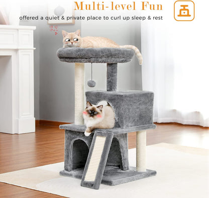 34 Inches Cat Tree, Multilevel Cat Tower with Double Condos, Spacious Perch, Fully Wrapped Scratching Sisal Post and Replaceable Dangling Balls