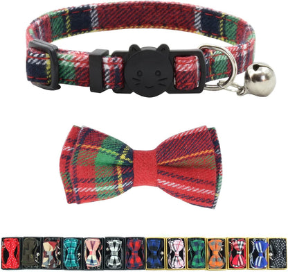 Cat Collar Breakaway with Bell and Bow Tie, Plaid Design Adjustable Safety Kitty Kitten Collars