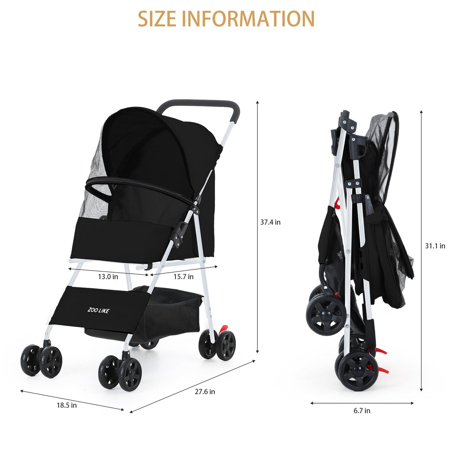 Cat Cage Stroller, Travel Folding Carrier, Foldable Carrier Strolling Cart for Small Medium Cat W/ Storage Basket