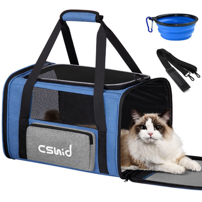 Cat Carrier, Cat Carriers for Large Cats up to 20 Lbs, Airline Approved, Pet Carrier with a Bowl/Side Pocket, Collapsible Soft-Sided Cat Carrier for Small Medium Cats Dogs Outdoor, Travel, Blue