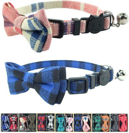 Cat Collar Breakaway with Bell and Bow Tie, Plaid Design Adjustable Safety Kitty Kitten Collars