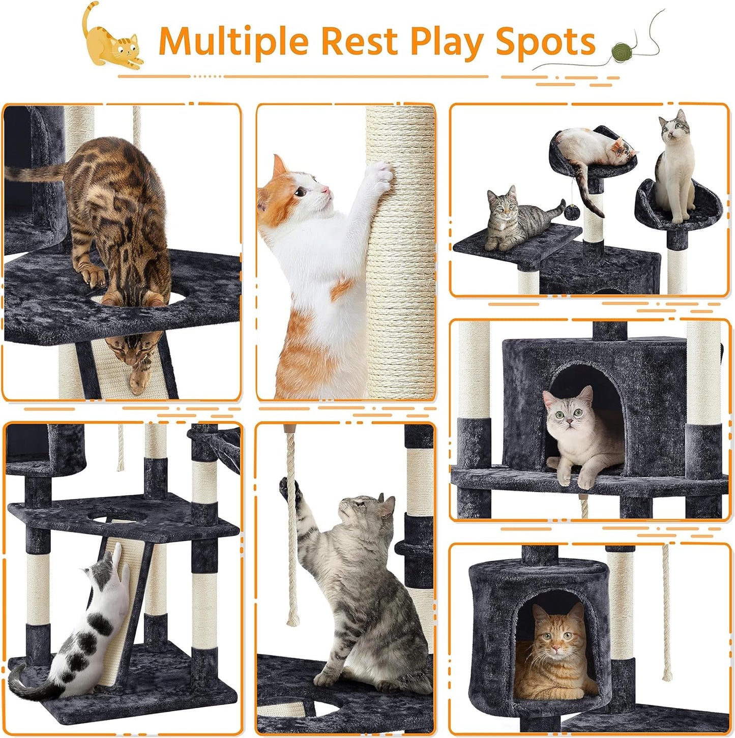 79 in Cat Tree Tower, Multilevel Cat Trees Plush Covered Cat Tower with 2 Extra Large Condos, Comfy Basket, Sisal Scratching Posts