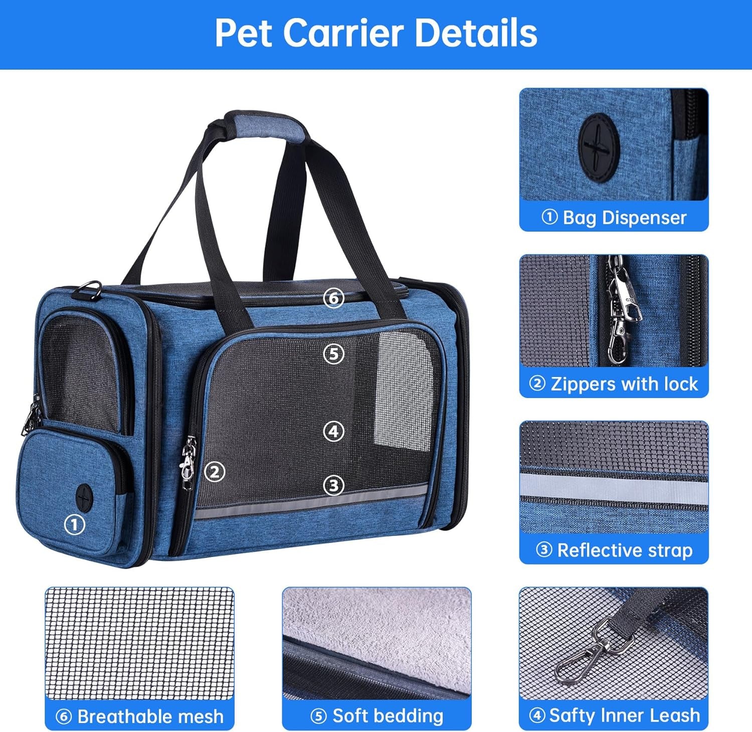 Cat Carrier Pet Travel Carrier by Airplane Approved under Seat, TSA Airline Approved Soft-Sided Carrier Bag for Cat,17.5 X 8.5 X 11 Inches (Blue)