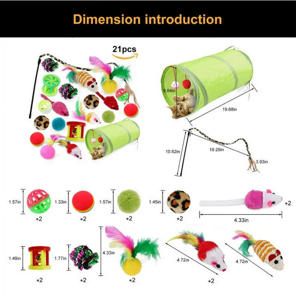 21 Pcs Cat Toys Assortments, Tunnel,  Interactive Cat Teaser,  Fluffy Mouse Crinkle Balls for Cat