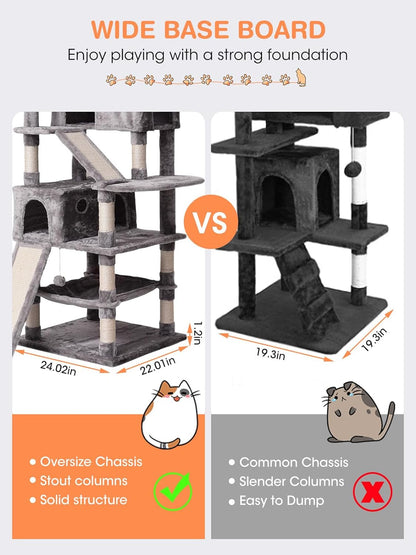 Cat Tree Cat Tower 70.1 In, Multi Level Cat Scratching Post with Condos, Ladders, Basket, Hammock & Plush Perches for Kittens