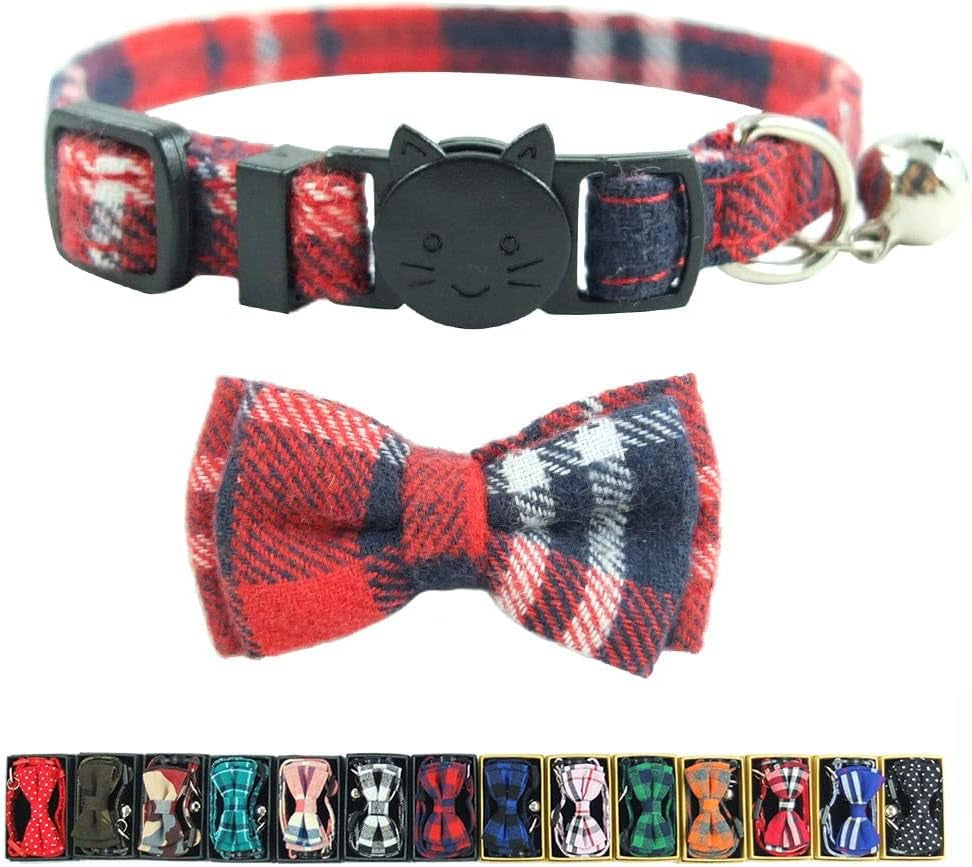 Cat Collar Breakaway with Bell and Bow Tie, Plaid Design Adjustable Safety Kitty Kitten Collars