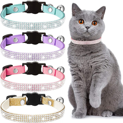 4 Pieces Rhinestones Cat Collars with Bell 