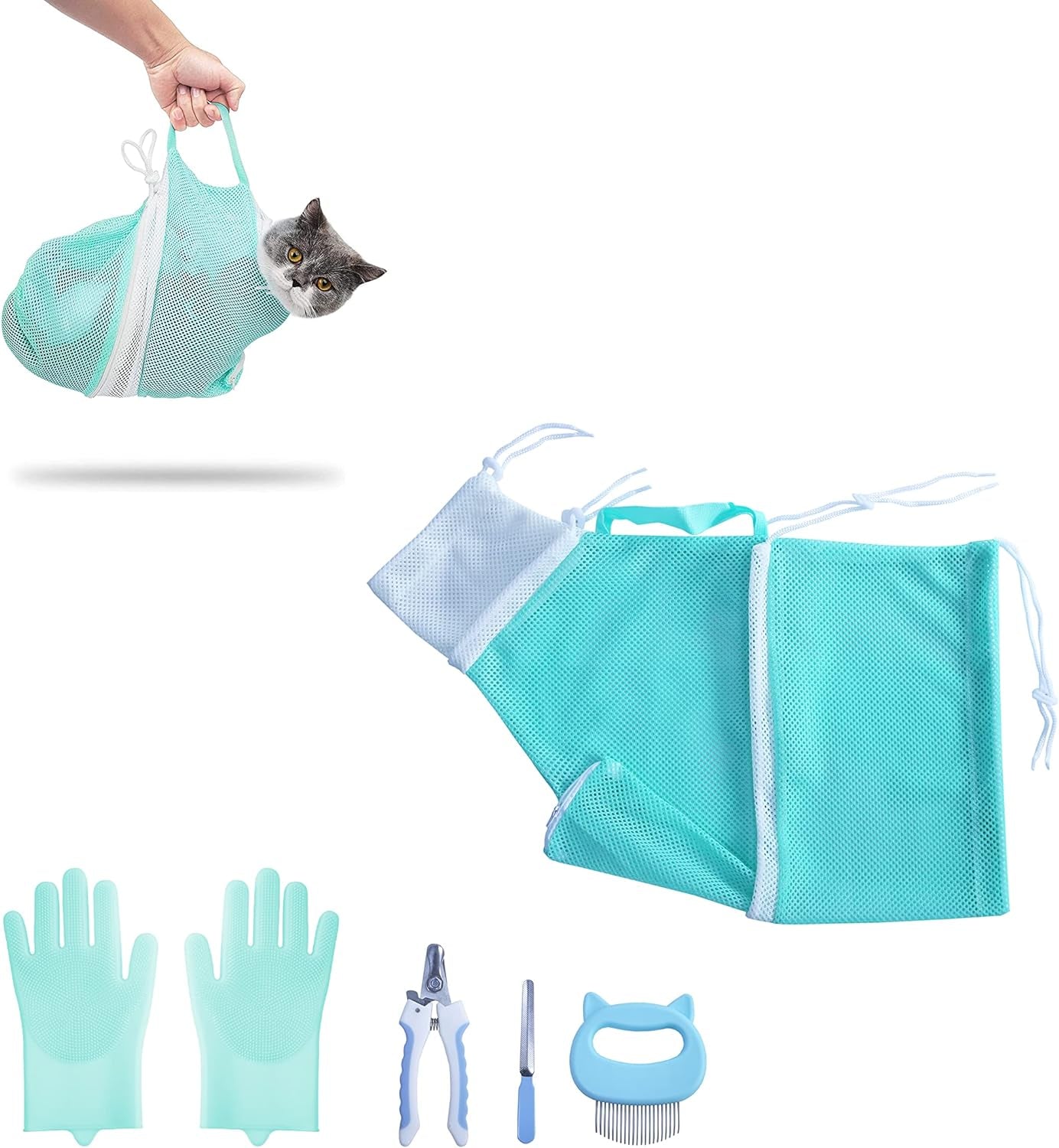 Cat Bathing Bag, Adjustable Anti-Bite and Anti-Scratch Cat Shower Mesh Grooming Bag for Pet Dogs and Cats, Includes Pet Nail Clipper, Nail File, Grooming Glove, and Cat Shell Comb