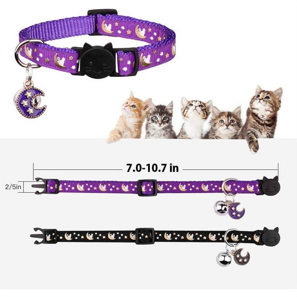 2 Separate Cat Collars, with Clock, Moon and Stars, Adjustable Kitten Collars, with Pendants, Glow in the Dark