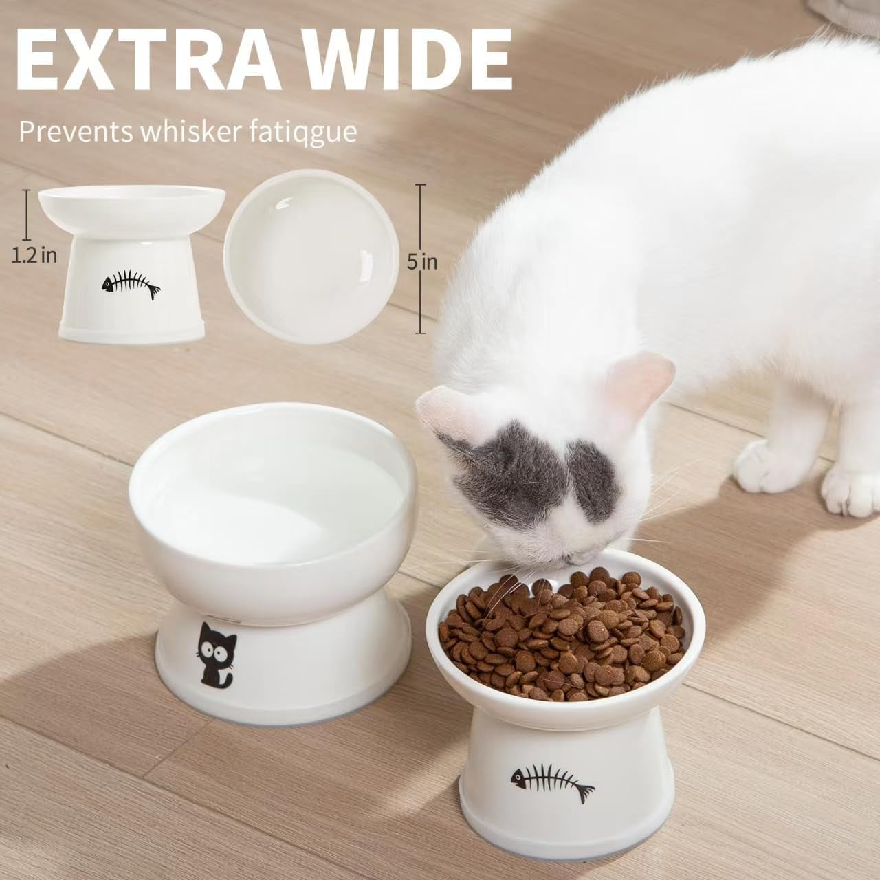 Raised Cat Food and Water Bowl Set, Whisker Friendly Elevated Ceramic Cats Feeder Bowls with anti Slip Ring, Anti-Vomiting Shallow High Porcelain Pet Kitten Dish