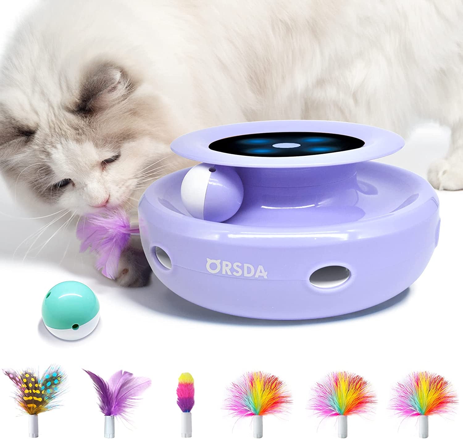 Cat Toys, 2-In-1 Interactive Cat Toys for Indoor Cats, Automatic Cat Toy Balls, Mice Toys Ambush Feather Kitten Toys with 7Pcs Attachments, Dual Power Supplies, Adjustable Speed, Auto On/Off