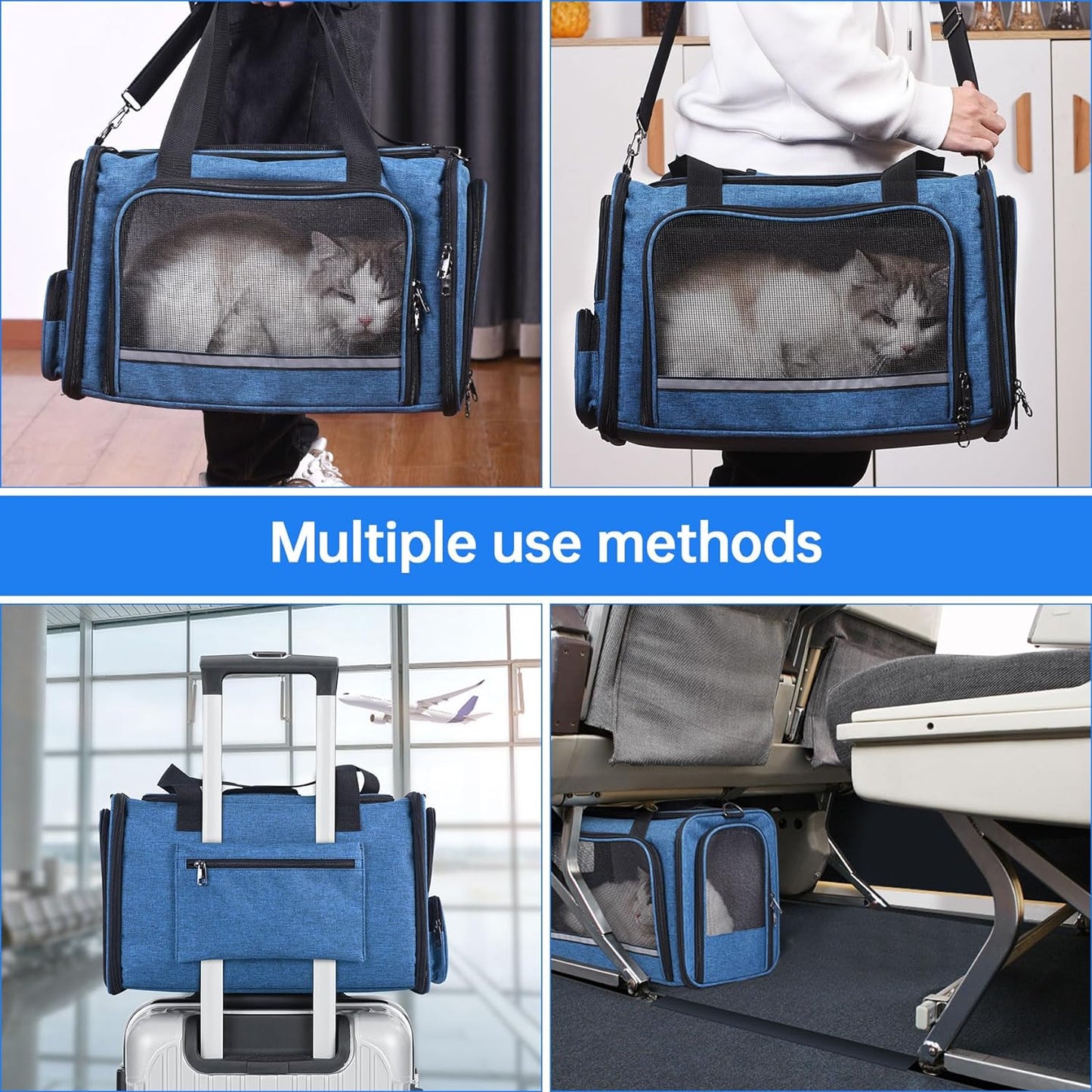 Cat Carrier Pet Travel Carrier by Airplane Approved under Seat, TSA Airline Approved Soft-Sided Carrier Bag for Cat,17.5 X 8.5 X 11 Inches (Blue)