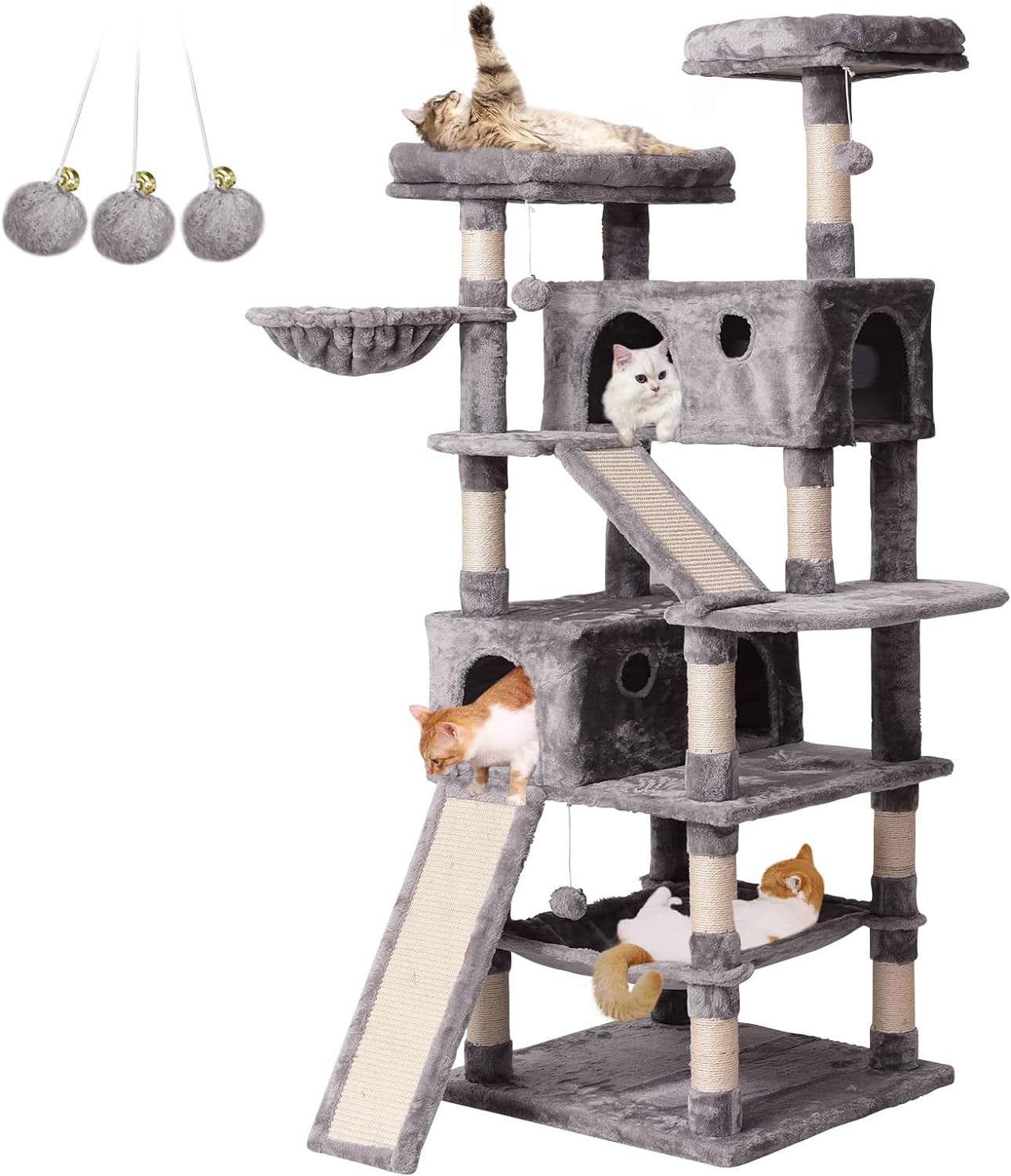 Cat Tree Cat Tower 70.1 In, Multi Level Cat Scratching Post with Condos, Ladders, Basket, Hammock & Plush Perches for Kittens