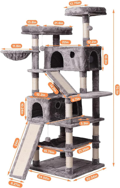 Cat Tree Cat Tower 70.1 In, Multi Level Cat Scratching Post with Condos, Ladders, Basket, Hammock & Plush Perches for Kittens