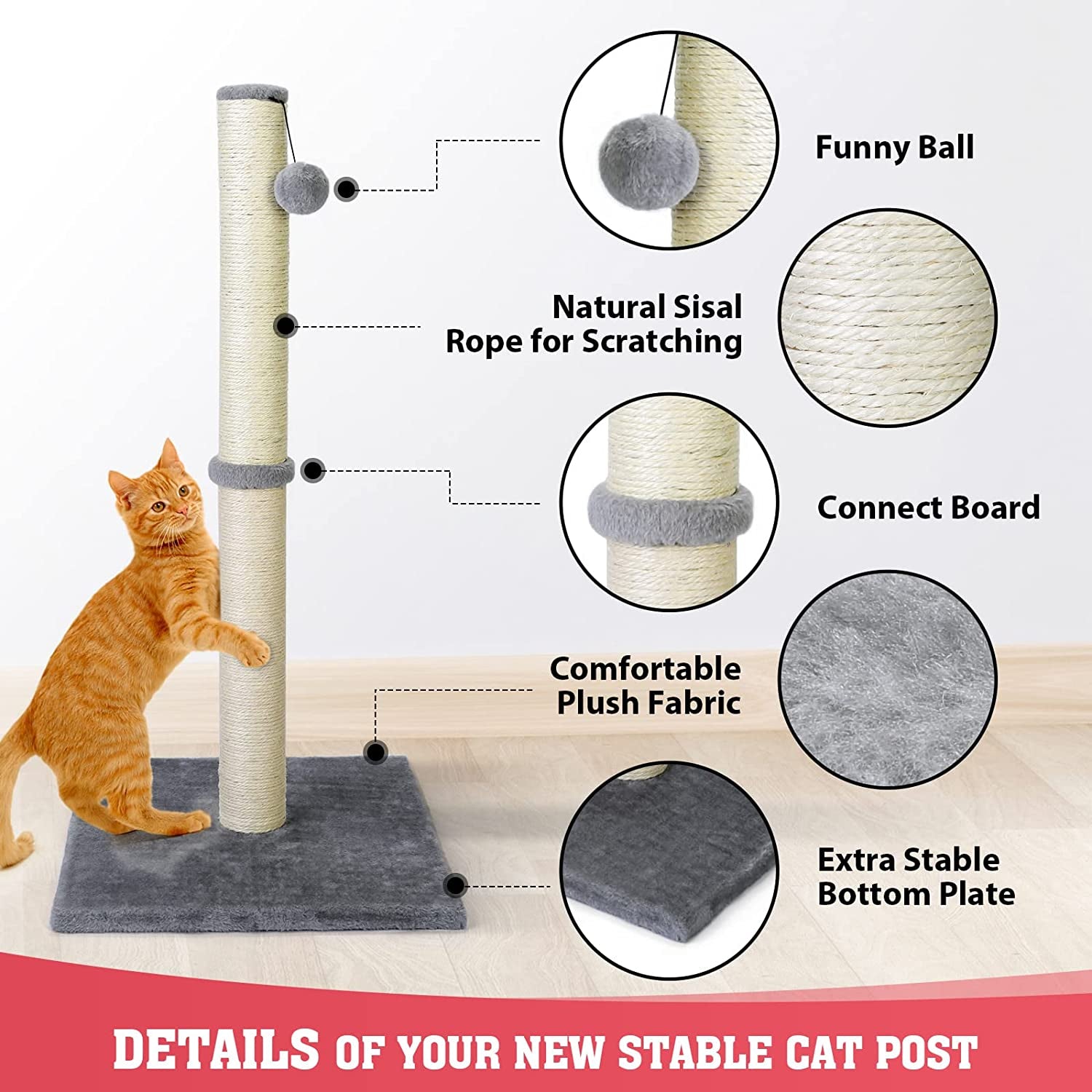 31'' Tall Cat Scratching Post - Cat Claw Scratcher with Hanging Ball - Scratching Posts for Indoor Large Cats 