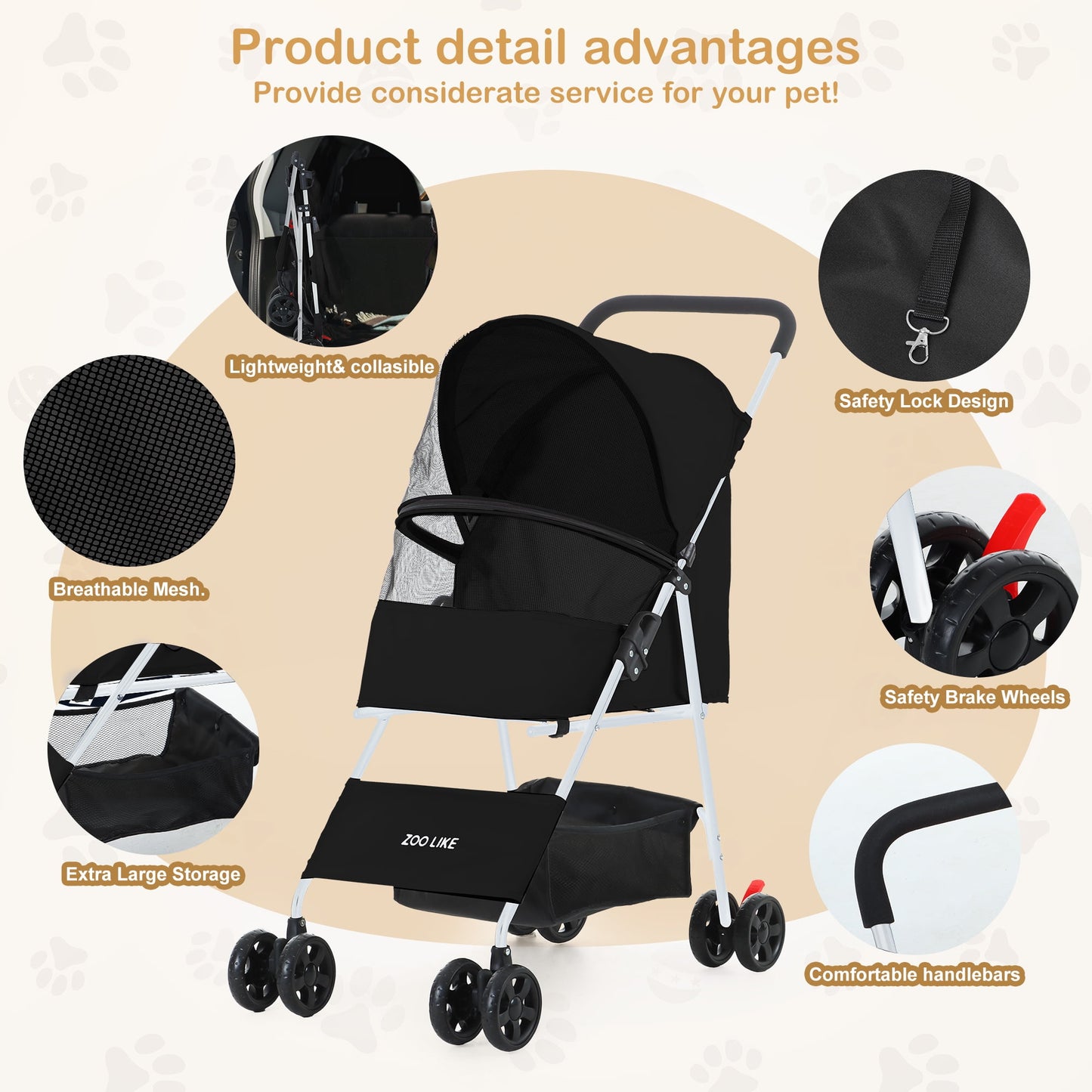 Cat Cage Stroller, Travel Folding Carrier, Foldable Carrier Strolling Cart for Small Medium Cat W/ Storage Basket