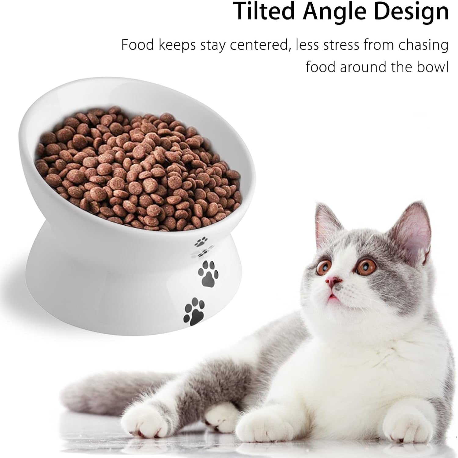 Cat Food Bowls, 10 OZ Elevated Cat Bowls for Cats, Tilted Pet Feeder Bowl with Raised Stand Protect Cat's Spine, Ceramic Cat Water Bowl No-Spill, Stress Free Cat Dish 1Pcs