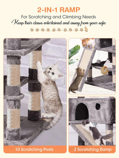 Cat Tree Cat Tower 70.1 In, Multi Level Cat Scratching Post with Condos, Ladders, Basket, Hammock & Plush Perches for Kittens