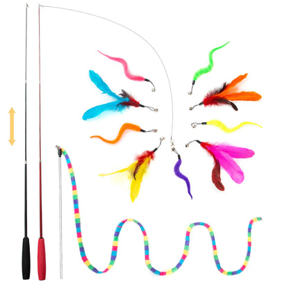 Interactive Cat Feather Toys for Indoor Cats, 2 Retractable Cat Teaser Wand and 1 Rainbow Wand with 9 Refills and 2 Spare Hook(14 Pack)