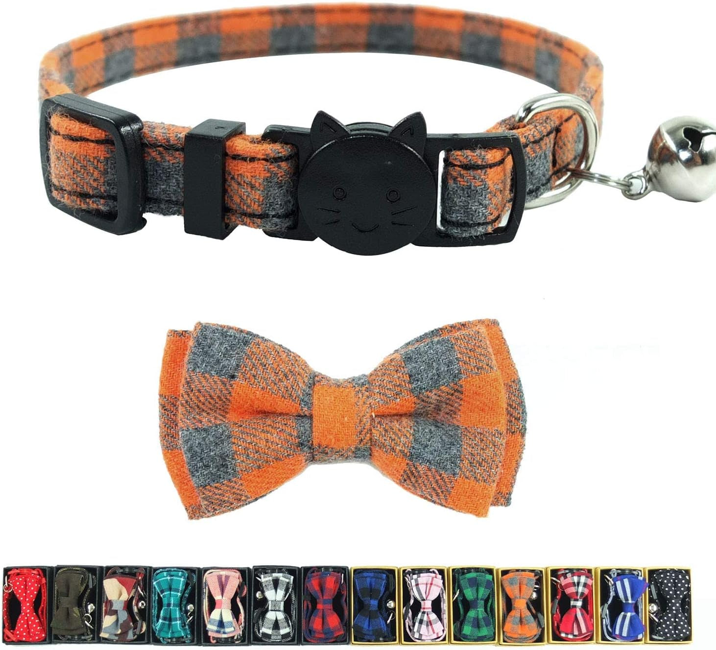 Cat Collar Breakaway with Bell and Bow Tie, Plaid Design Adjustable Safety Kitty Kitten Collars