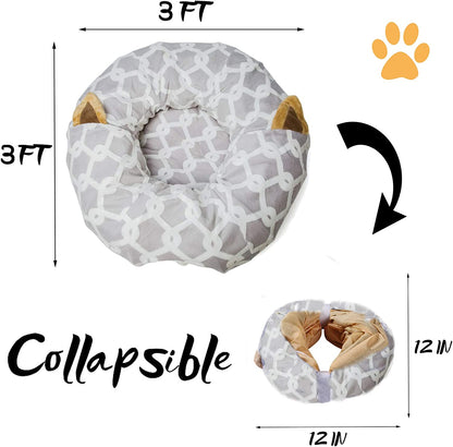 Large Cat Tunnel Bed with Plush Cover,Fluffy Toy Balls, Small Cushion and Flexible Design