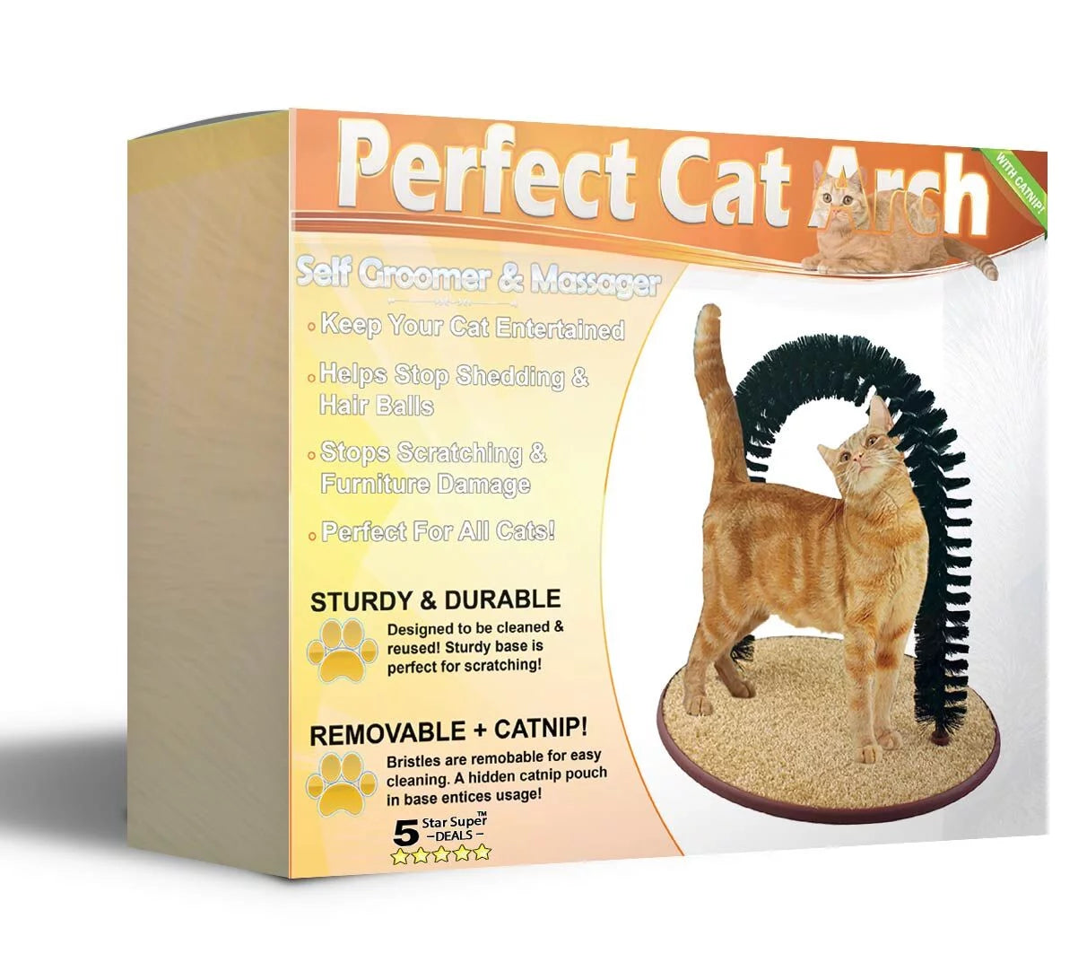 Perfect Cat Self Grooming Arch Post & Toy with Bristle and Catnip for Scratching, Brushing, and Massaging - Cat Grooming Arch