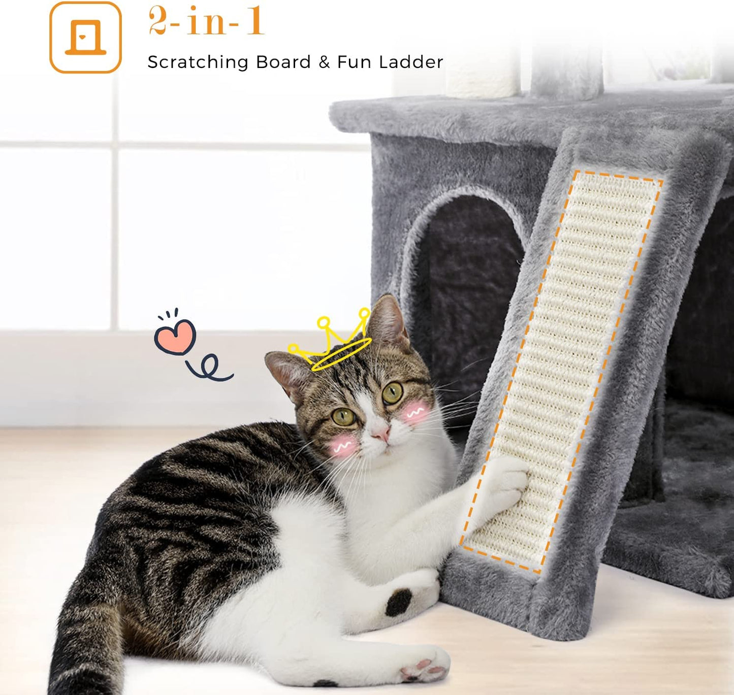 34 Inches Cat Tree, Multilevel Cat Tower with Double Condos, Spacious Perch, Fully Wrapped Scratching Sisal Post and Replaceable Dangling Balls