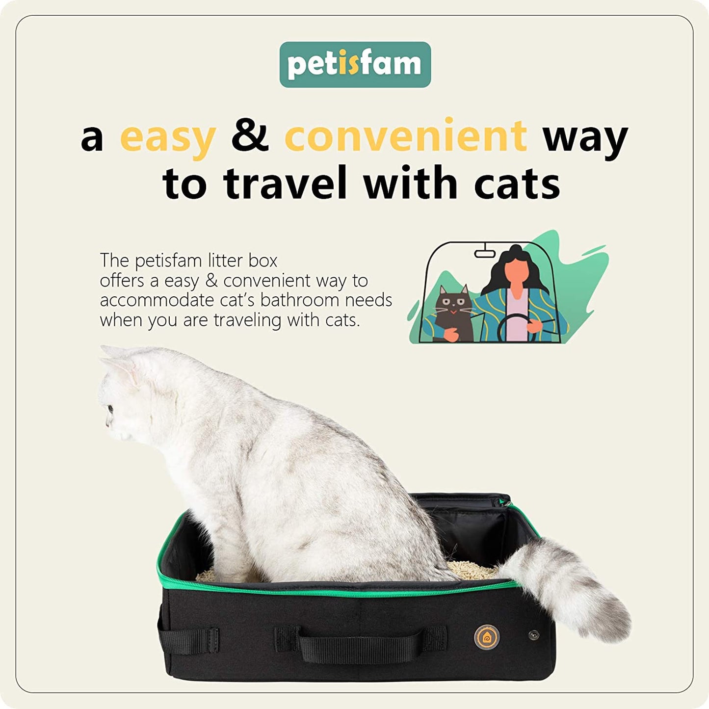 Portable Cat Travel Litter Box with Zipped Lid, No Leakage, No Smell, Easy to Carry, Easy to Use in Hotels and Car