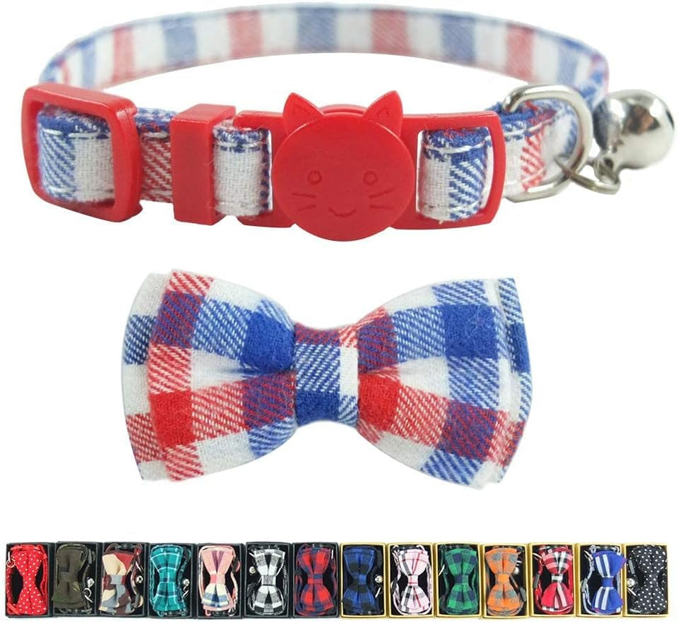 Cat Collar Breakaway with Bell and Bow Tie, Plaid Design Adjustable Safety Kitty Kitten Collars