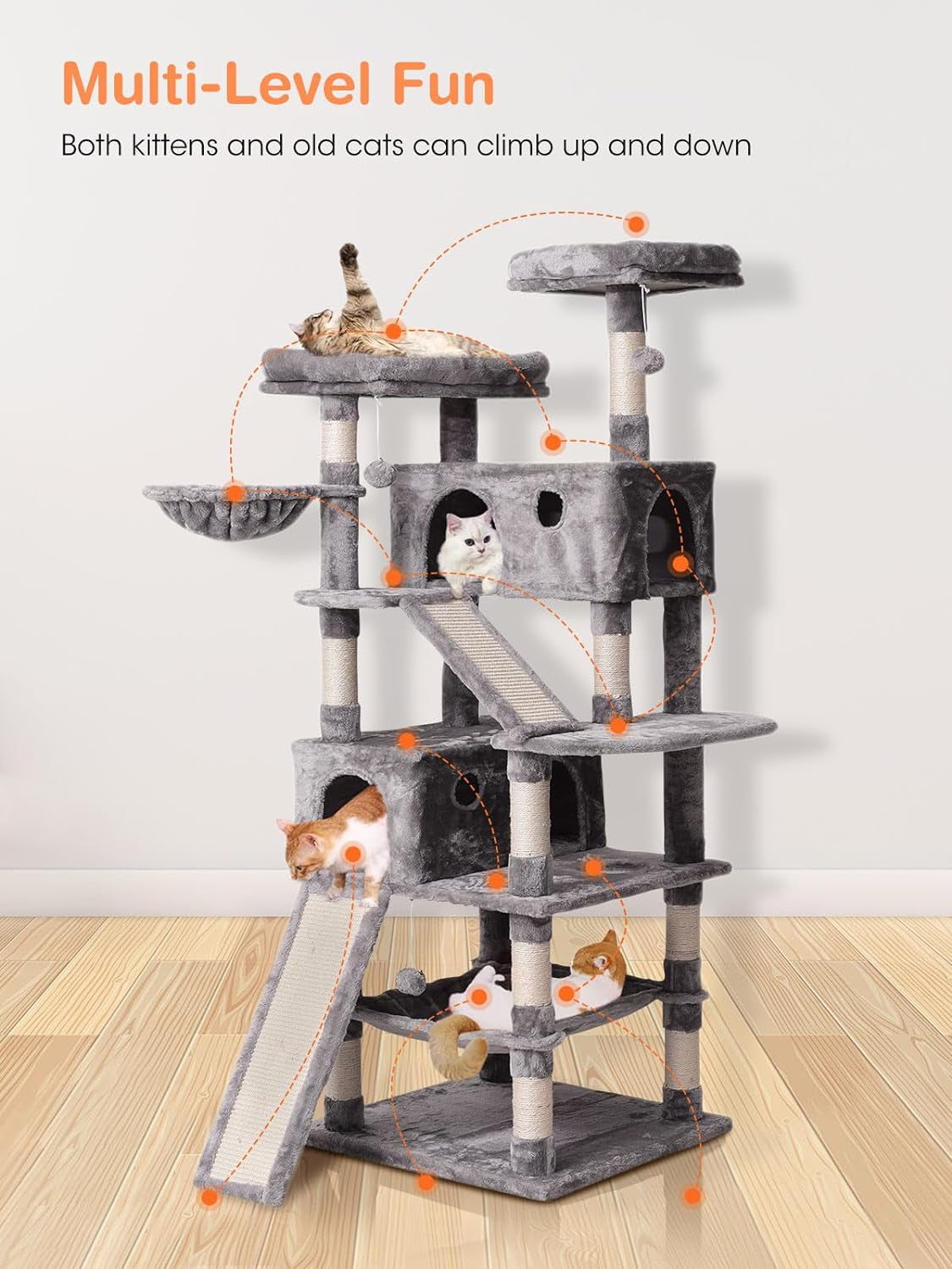 Cat Tree Cat Tower 70.1 In, Multi Level Cat Scratching Post with Condos, Ladders, Basket, Hammock & Plush Perches for Kittens