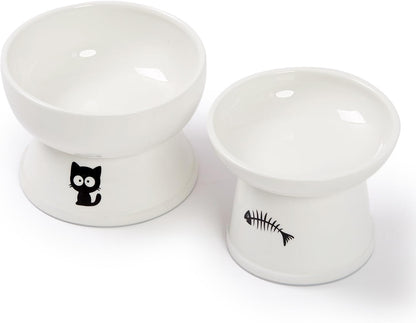 Raised Cat Food and Water Bowl Set, Whisker Friendly Elevated Ceramic Cats Feeder Bowls with anti Slip Ring, Anti-Vomiting Shallow High Porcelain, Dishwasher Safe