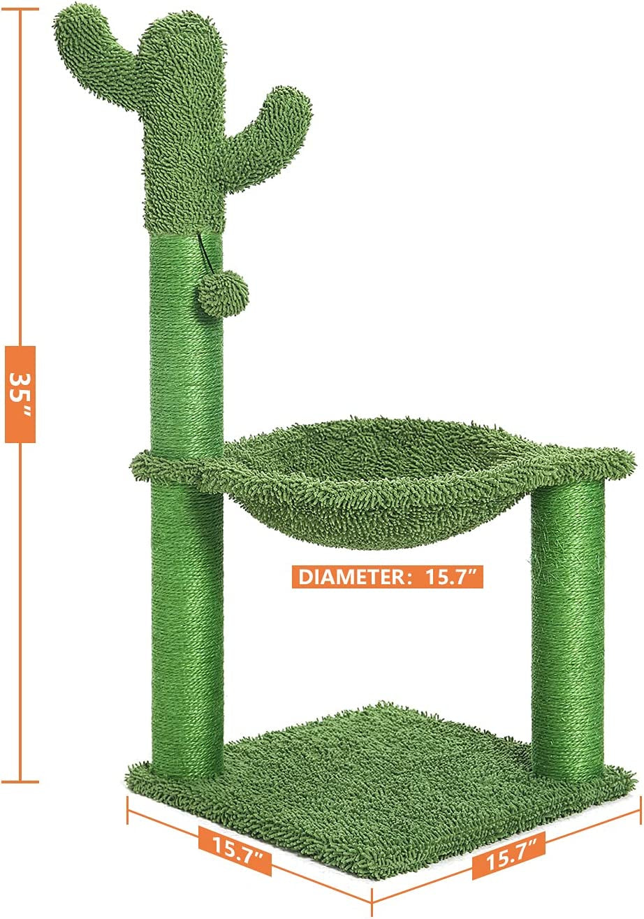 35 Inches Cactus Cat Tree with Hammock and Full Wrapped Sisal Scratching Post for Cats 