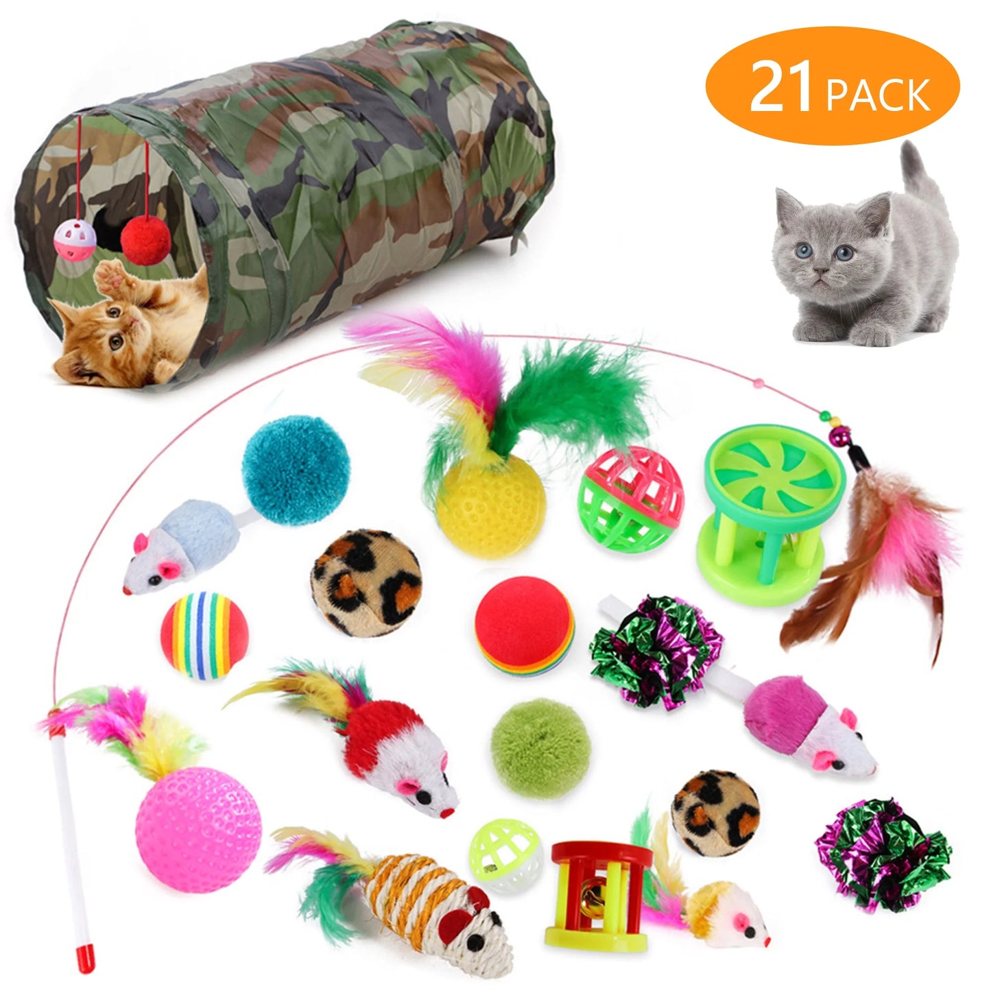 21PCS Cat Toys, Folding Camouflage Cat Tunnel, Indoor Interactive Pet Toys, Teaser Cat Feather Toy, Colourful Mouse Plush Ball 