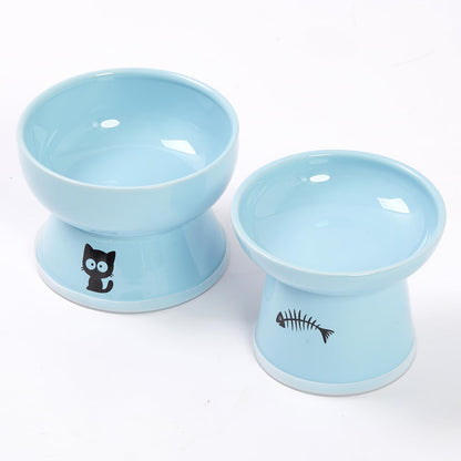 Raised Cat Food and Water Bowl Set, Whisker Friendly Elevated Ceramic Cats Feeder Bowls with anti Slip Ring, Anti-Vomiting Shallow High Porcelain, Dishwasher Safe