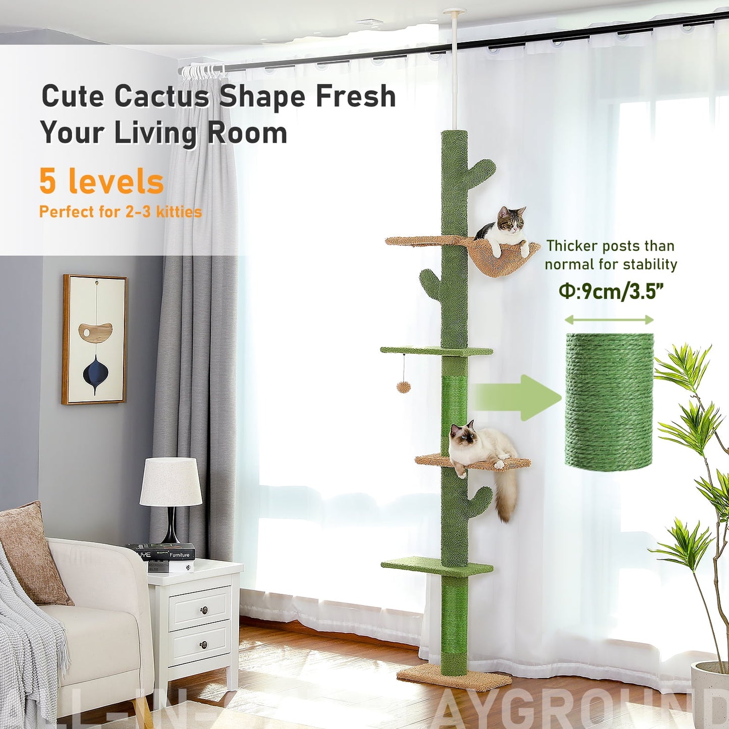 Tall Cat Tree Cactus Floor to Ceiling Cat Tower 95-108" Sisal Scratching Post for Indoor Cats