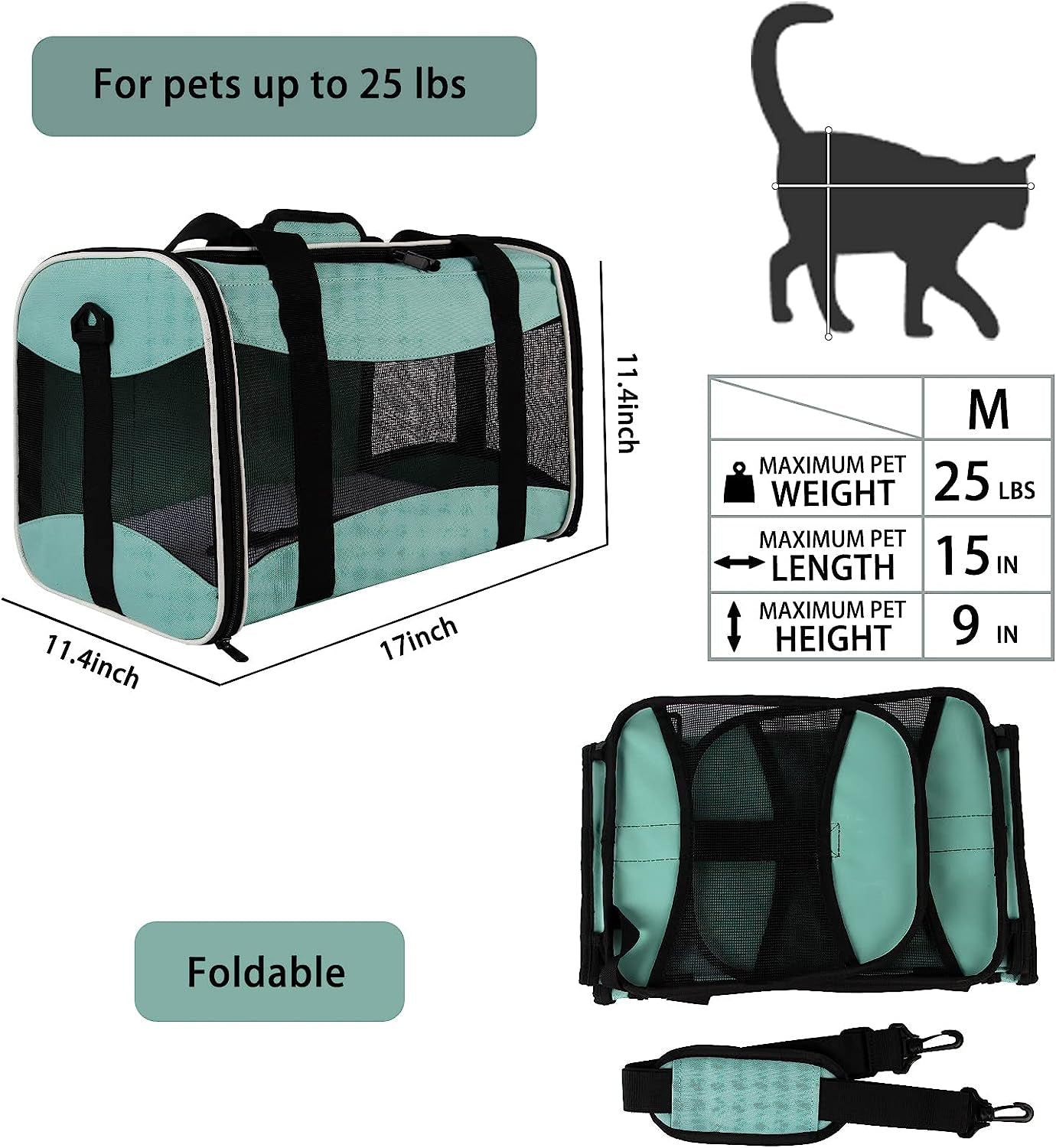 Cat Carrying Case - Pet Carrier Airline Approved, Protable and Breathable Pet Travel Carrier Removable Fleece Pad, Collapsible Cat Carrier 