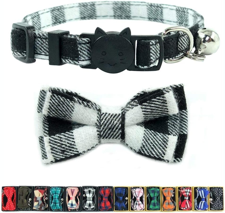 Cat Collar Breakaway with Bell and Bow Tie, Plaid Design Adjustable Safety Kitty Kitten Collars