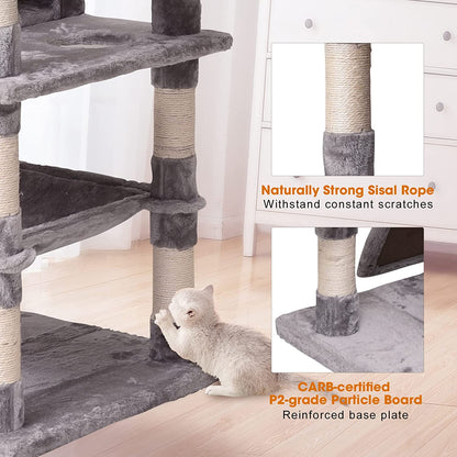 Cat Tree Cat Tower 70.1 In, Multi Level Cat Scratching Post with Condos, Ladders, Basket, Hammock & Plush Perches for Kittens