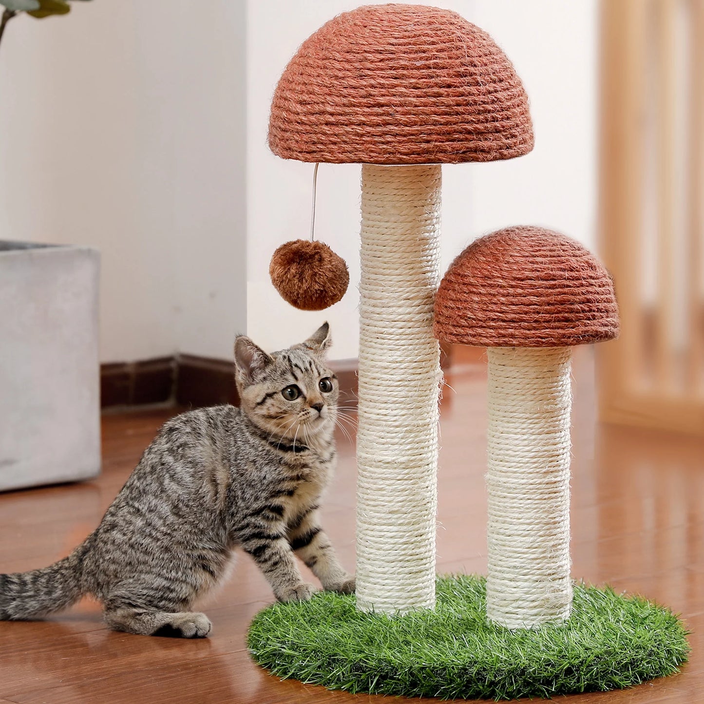 2 Mushrooms Cat Scratching Post 19" Sisal Claw Scratcher for Kittens and Small Cats