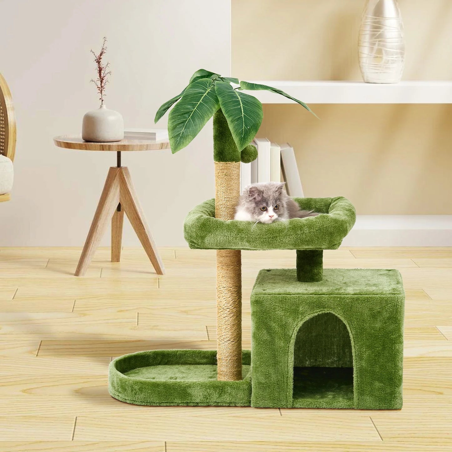 Cat Tower for Indoor Cats with Green Leaves, Cat Condo Cozy Plush Cat House with Hang Ball and Leaf Shape Design, Cat Furniture Pet House with Cat Scratching Posts