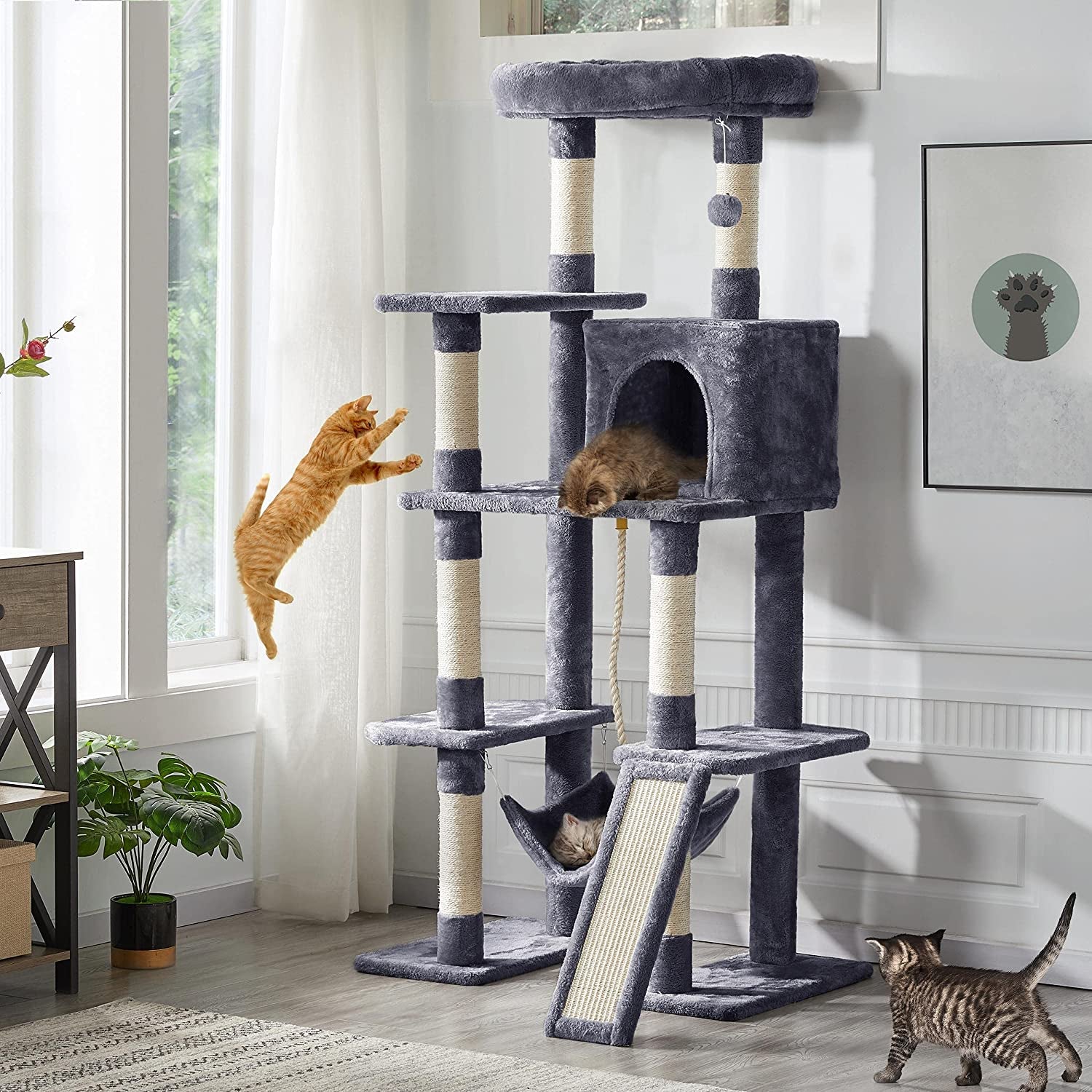 Large Multi-Level Cat Tree, 63 Inches Tall with Sisal-Covered Scratching Posts, Condo, Hammock, Dangling Ball, and Extended Platform for Cats to Play and Sleep