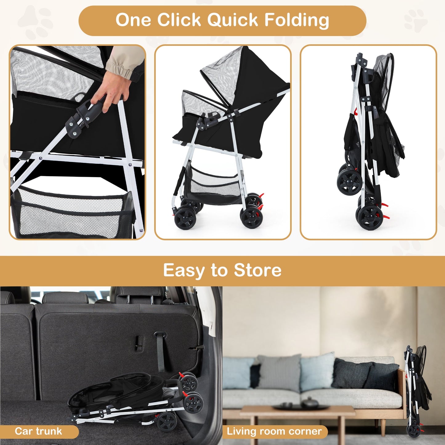 Cat Cage Stroller, Travel Folding Carrier, Foldable Carrier Strolling Cart for Small Medium Cat W/ Storage Basket