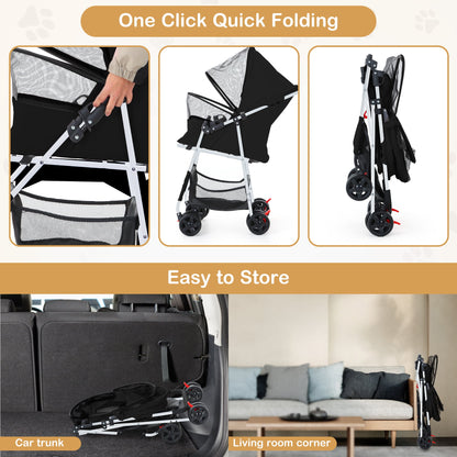 Cat Cage Stroller, Travel Folding Carrier, Foldable Carrier Strolling Cart for Small Medium Cat W/ Storage Basket