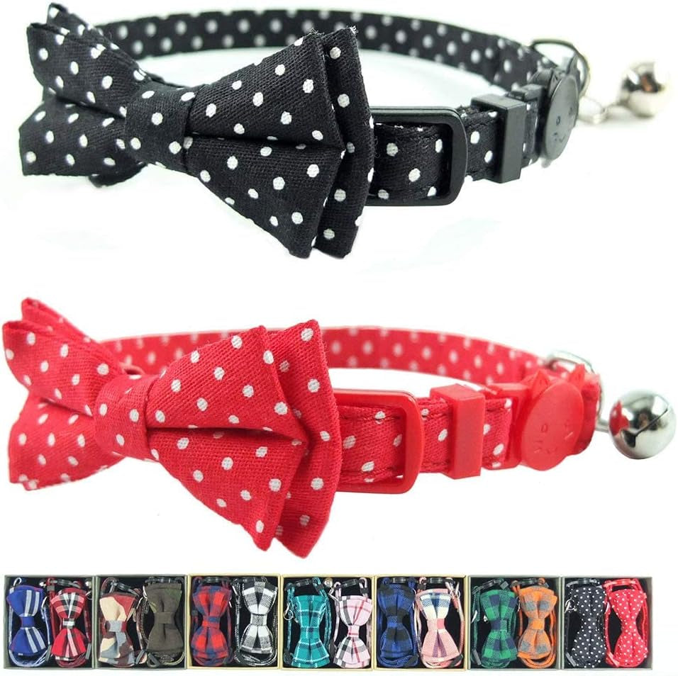 Cat Collar Breakaway with Bell and Bow Tie, Plaid Design Adjustable Safety Kitty Kitten Collars