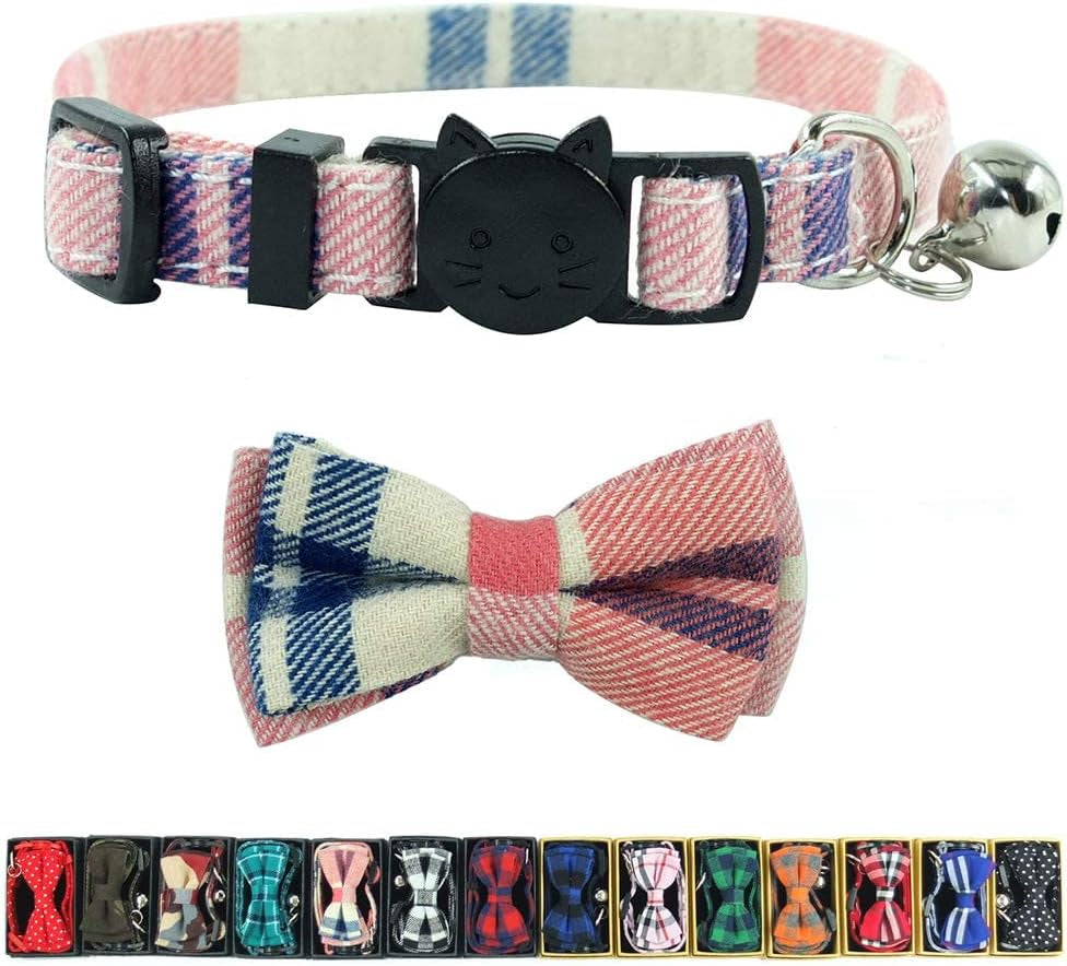 Cat Collar Breakaway with Bell and Bow Tie, Plaid Design Adjustable Safety Kitty Kitten Collars