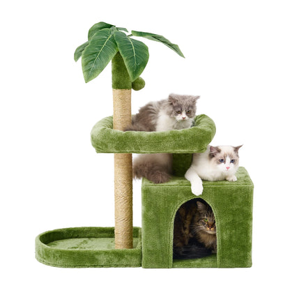 Cat Tower for Indoor Cats with Green Leaves, Cat Condo Cozy Plush Cat House with Hang Ball and Leaf Shape Design, Cat Furniture Pet House with Cat Scratching Posts