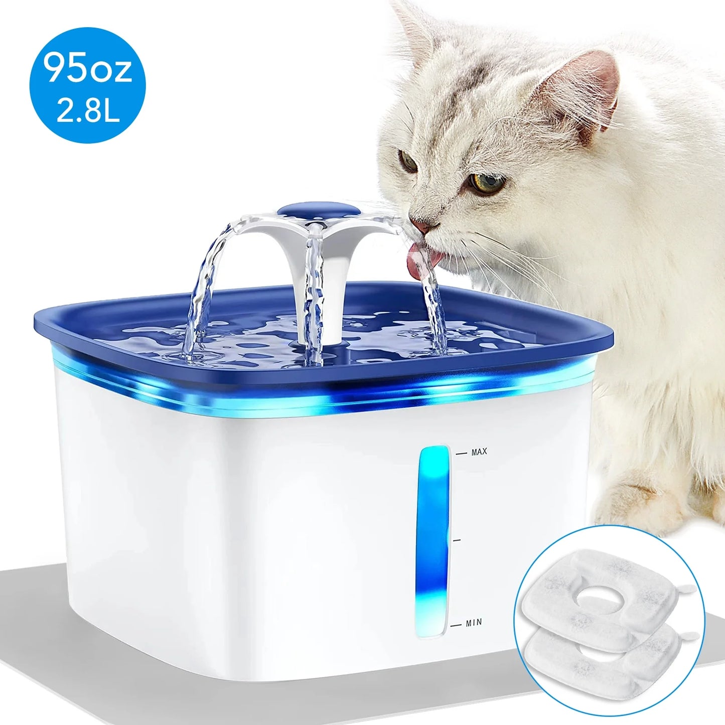 95Oz/2.8L Pet Fountain with Anti-Slip Mat, Cat Water Fountain Dispenser with Smart Pump, White & Blue