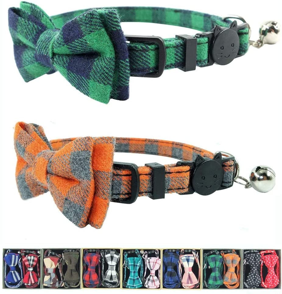 Cat Collar Breakaway with Bell and Bow Tie, Plaid Design Adjustable Safety Kitty Kitten Collars