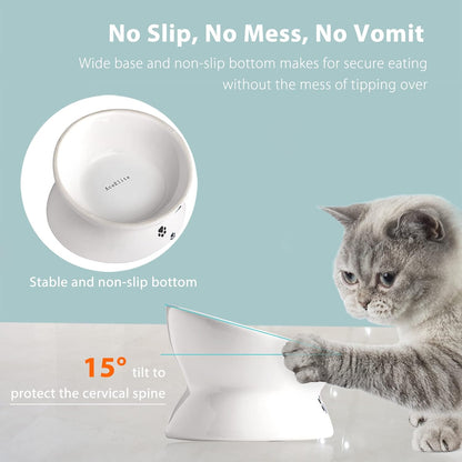 Cat Food Bowls, 10 OZ Elevated Cat Bowls for Cats, Tilted Pet Feeder Bowl with Raised Stand Protect Cat's Spine, Ceramic Cat Water Bowl No-Spill, Stress Free Cat Dish 1Pcs