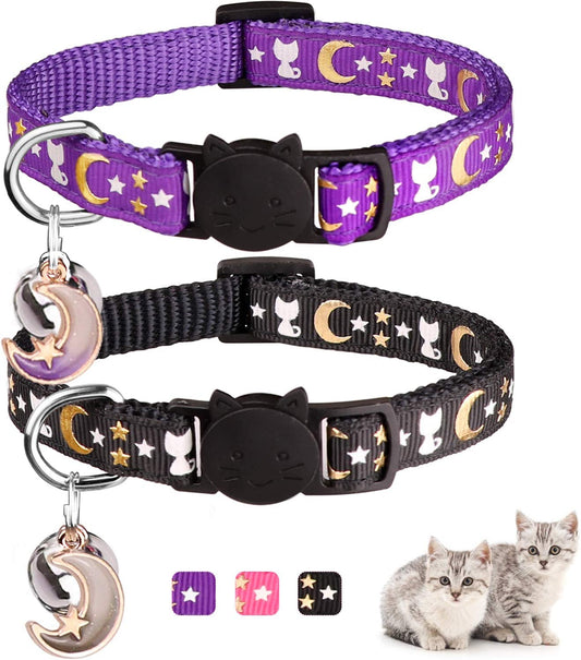 2 Pack Breakaway Cat Collar with Bell Gold Moons and Stars 